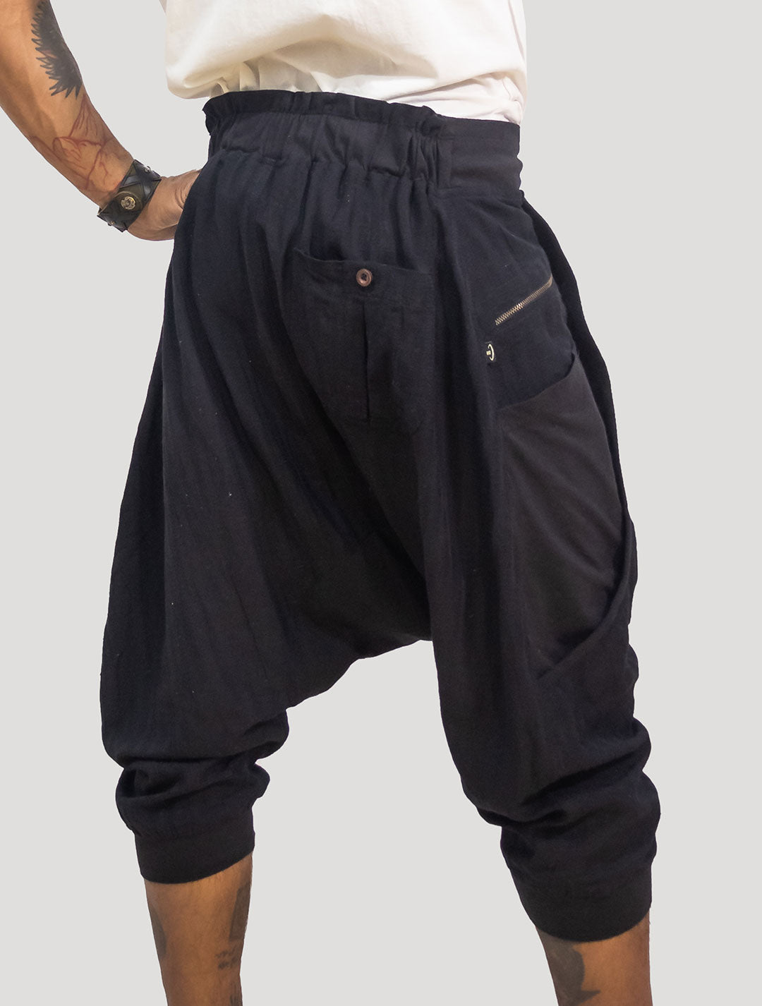Black 'Shaolin' Linen Harem ¾ Shorts - Psylo Fashion