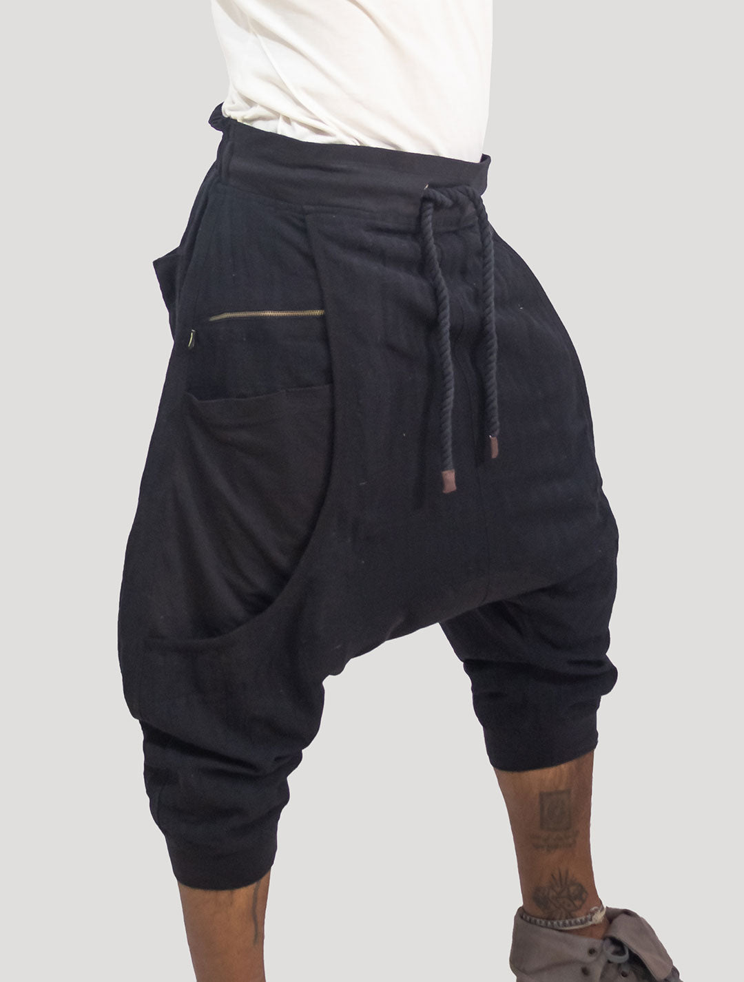 Black 'Shaolin' Linen Harem ¾ Shorts - Psylo Fashion