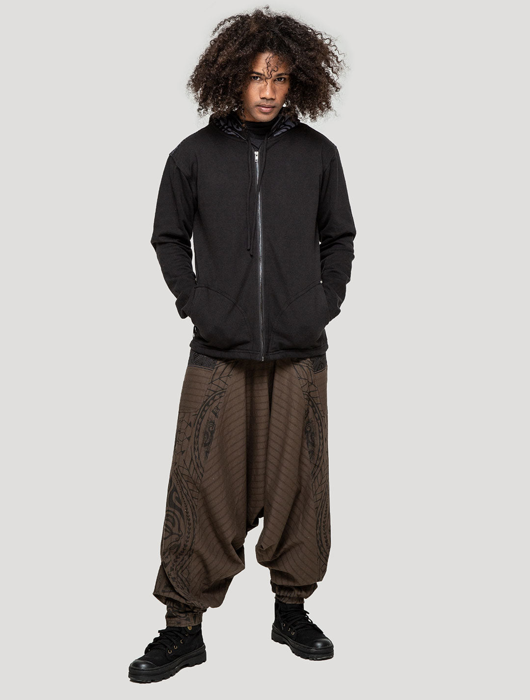 Black Long Necka Hooded Jacket | Tribal Tattoo-Style Zipped Hoodie by Psylo Fashion
